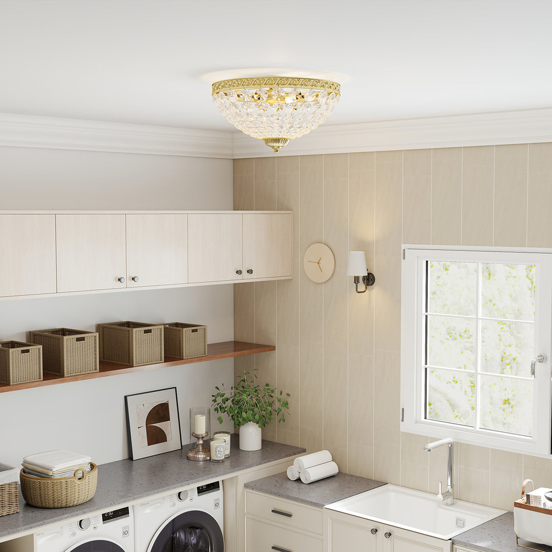 MCL Crystal Chandelier Ceiling Light with 168 Octagonal Beads, Vintage 2-Light Flush Mount Ceiling Light for Living Room, Bedroom, Hallway, Dining Room, Gold Tone
