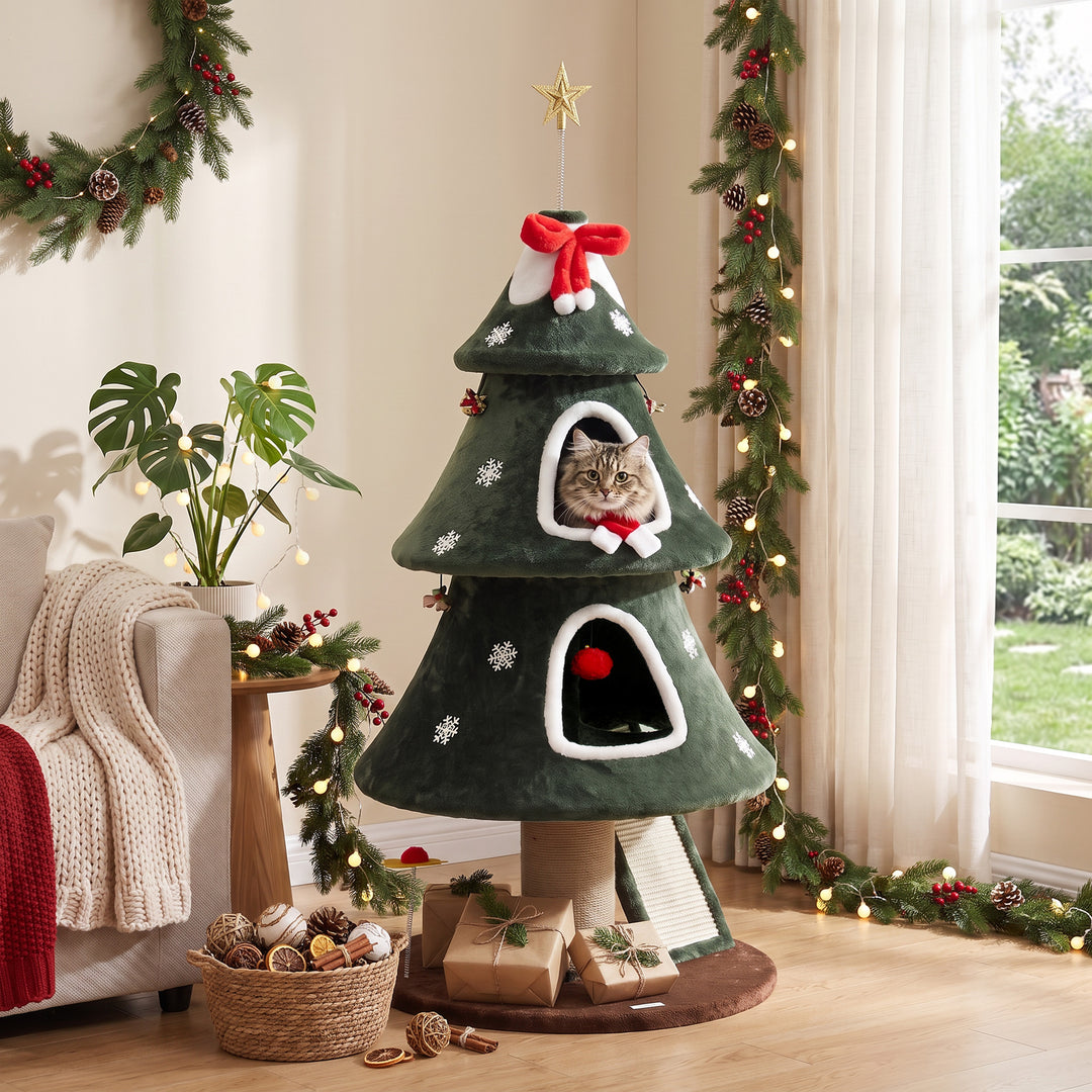 Cat Tree, Christmas Cat Tower with Dual Condos, Sisal Ladder, Jute Pos