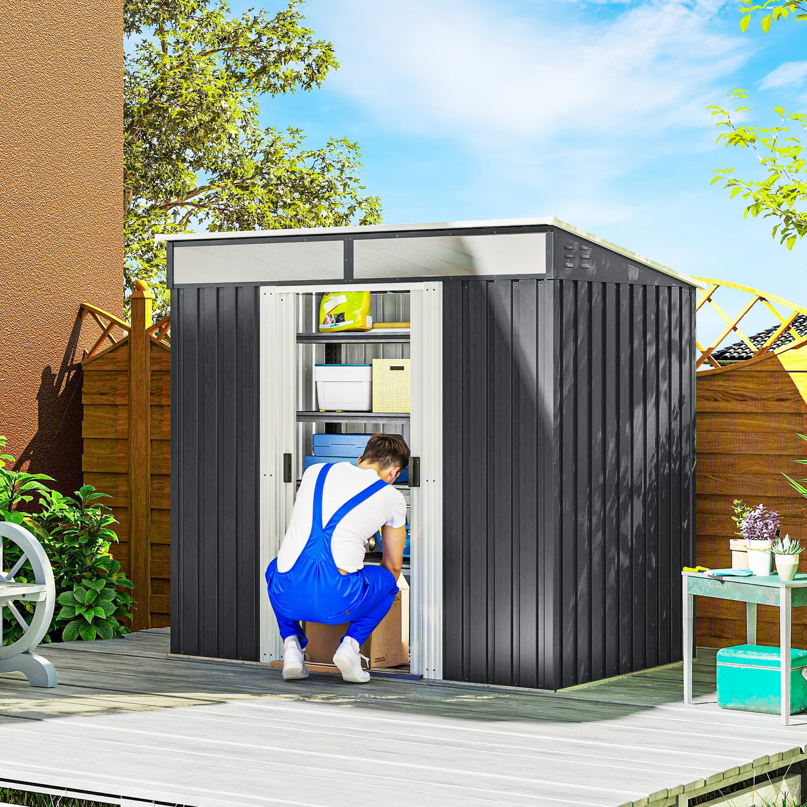 6.5 x 4FT Galvanised Metal Shed with Foundation Kit, Lockable Tool Garden Shed with Double Sliding Doors, Vents, Grey