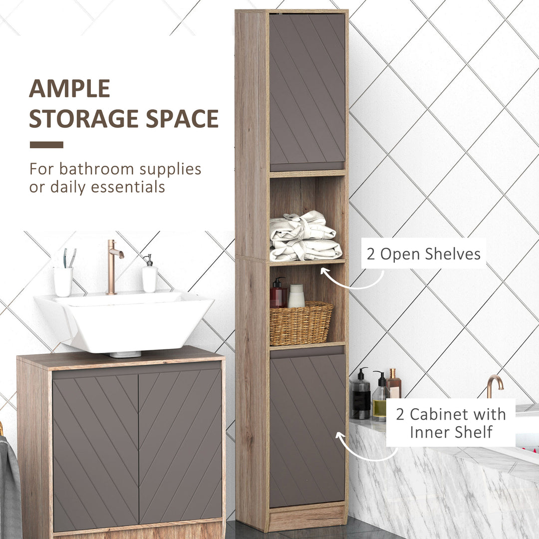 Narrow Bathroom Cabinet, Slim Bathroom Storage Unit with Open Compartment, Freestanding Storage Cupboard with Adjustable Shelves for Small Spaces, 30 x 24 x 170 cm, Grey and Oak