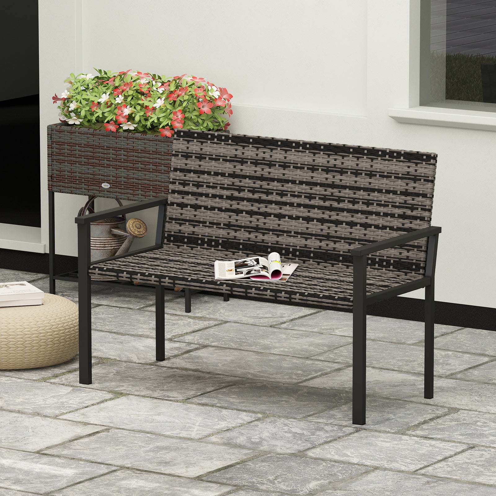 Two-Seater Rattan Bench - Mixed Grey
