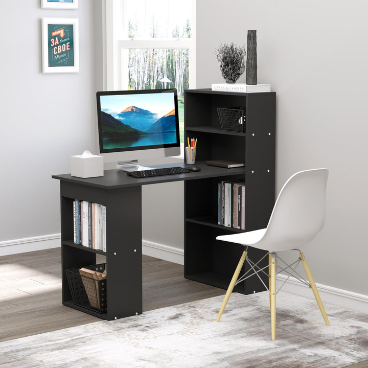 120cm Computer Desk, Wooden PC Laptop Table with 6-Tier Storage Bookshelves, Home Office Working Study Desk, Writing Workstation