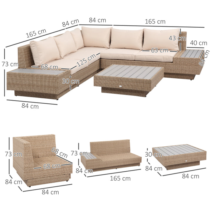 MCL 4 Pieces Rattan Garden Furniture Set, Garden Corner Sofa with Side Trays, Wicker Conservatory Furniture Set with Loveseats, Slatted Plastic Top Coffee Table and Cushions, Beige