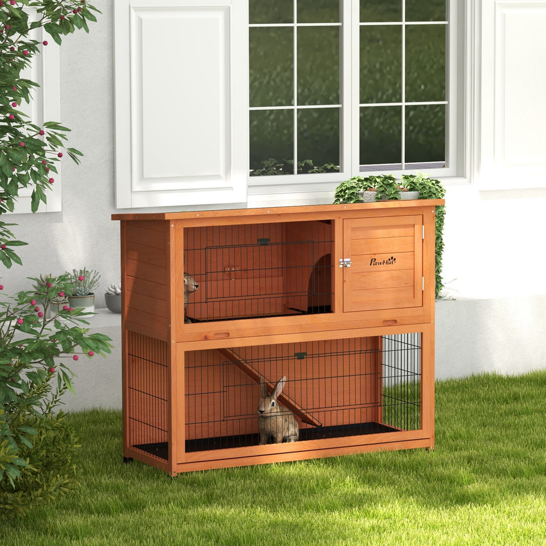 PawHut 2 Tier Antiseptic Wood Rabbit Hutch with Run Outdoor Orange | Aosom UK