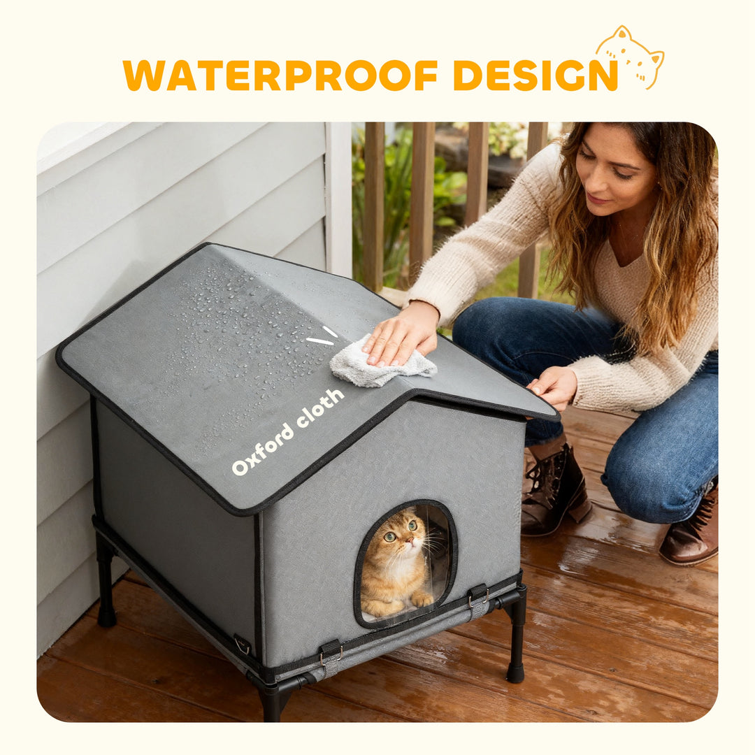MCL Outdoor Cat House, Waterproof Insulated Cat Kennel with Elevated Base, Foldable Feral Kitty Shelter for Kittens, Grey