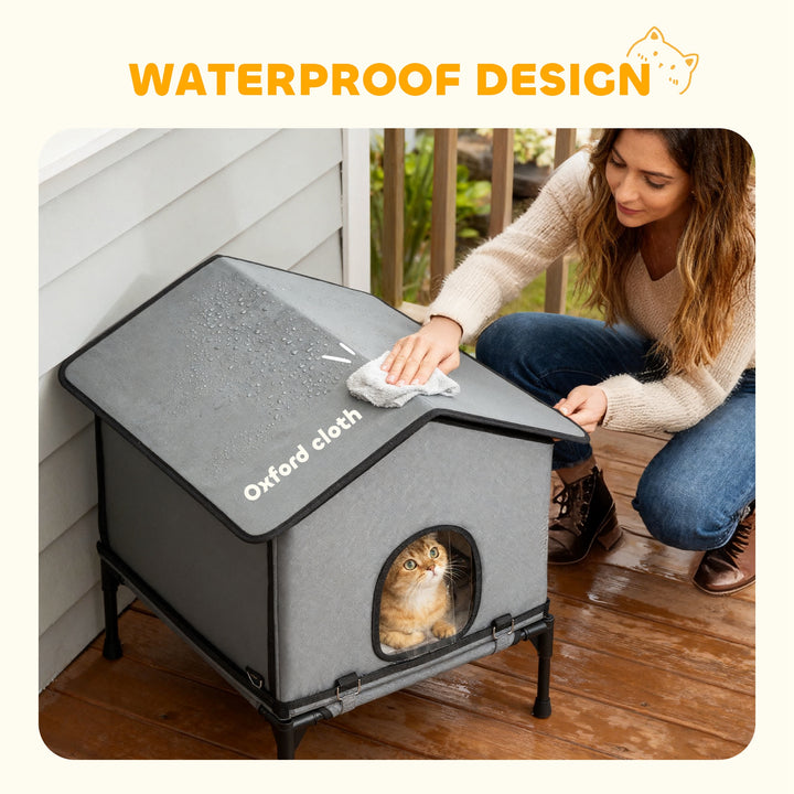 MCL Outdoor Cat House, Waterproof Insulated Cat Kennel with Elevated Base, Foldable Feral Kitty Shelter for Kittens, Grey