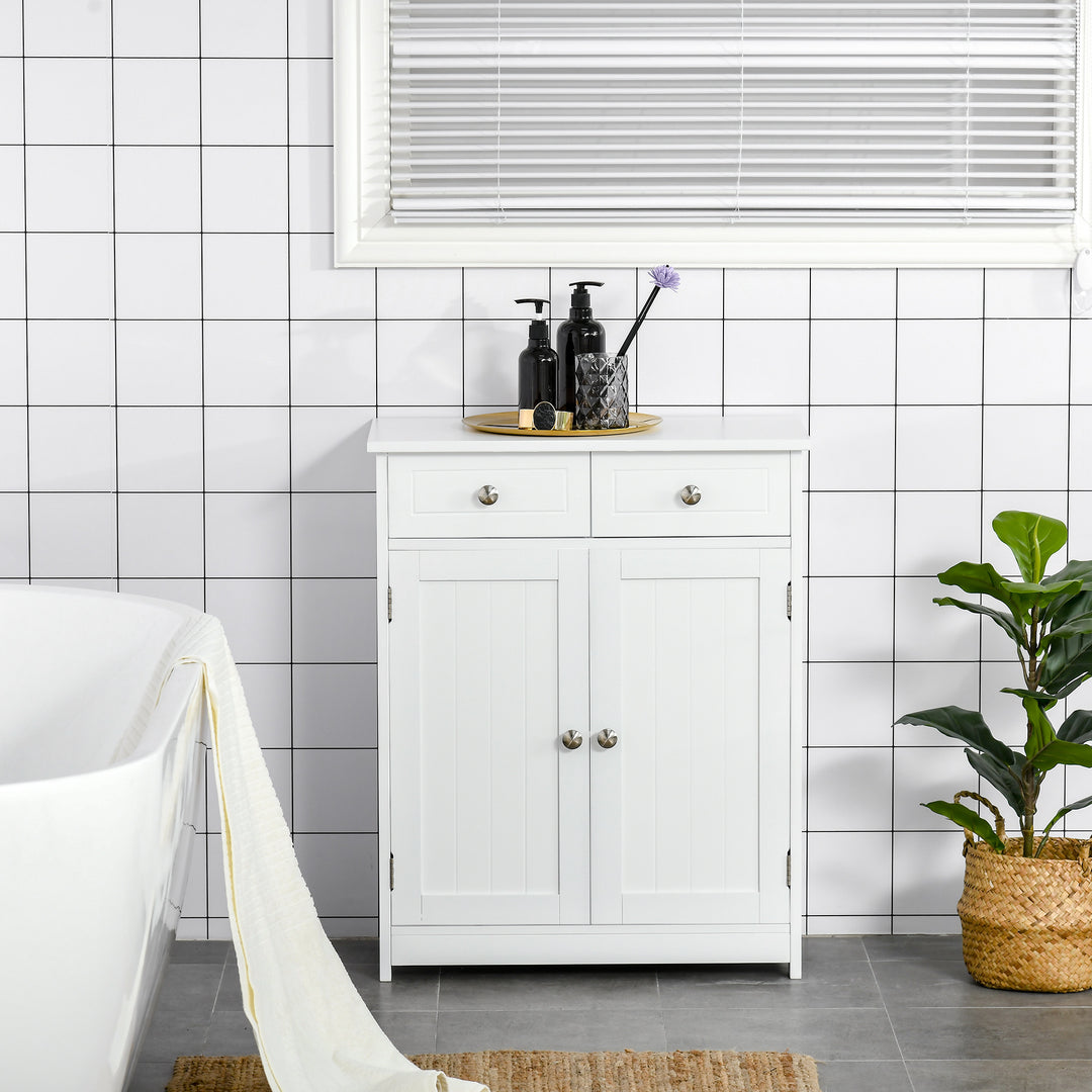 75x60cm Freestanding Bathroom Storage Cabinet Unit w/ 2 Drawers Cupboard Adjustable Shelf Metal Handles Traditional Style White