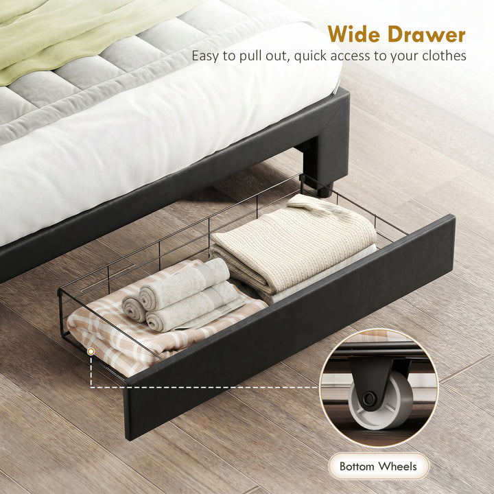 PU Leather King Size Ottoman Bed Frame, with Front Drawer - Black