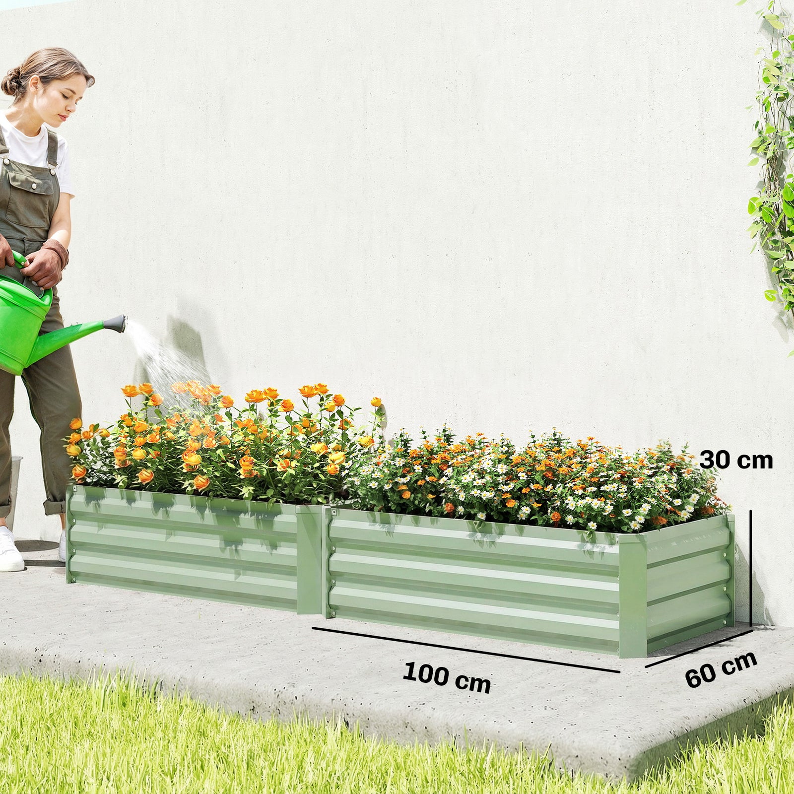 Set of Two 100 x 60cm Steel Planter Boxes - Light Green