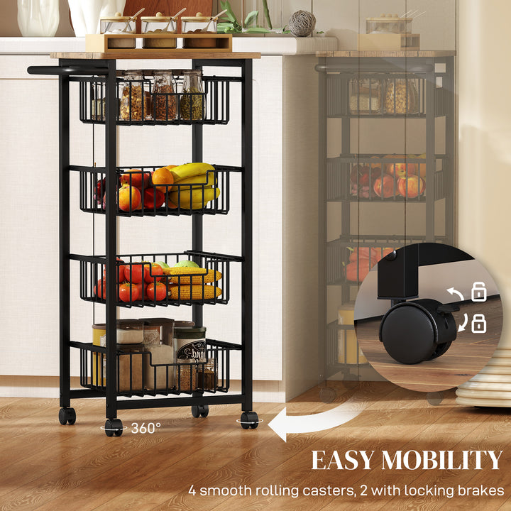 Four Basket Mobile Kitchen Island, with Brakes - Oak/Black