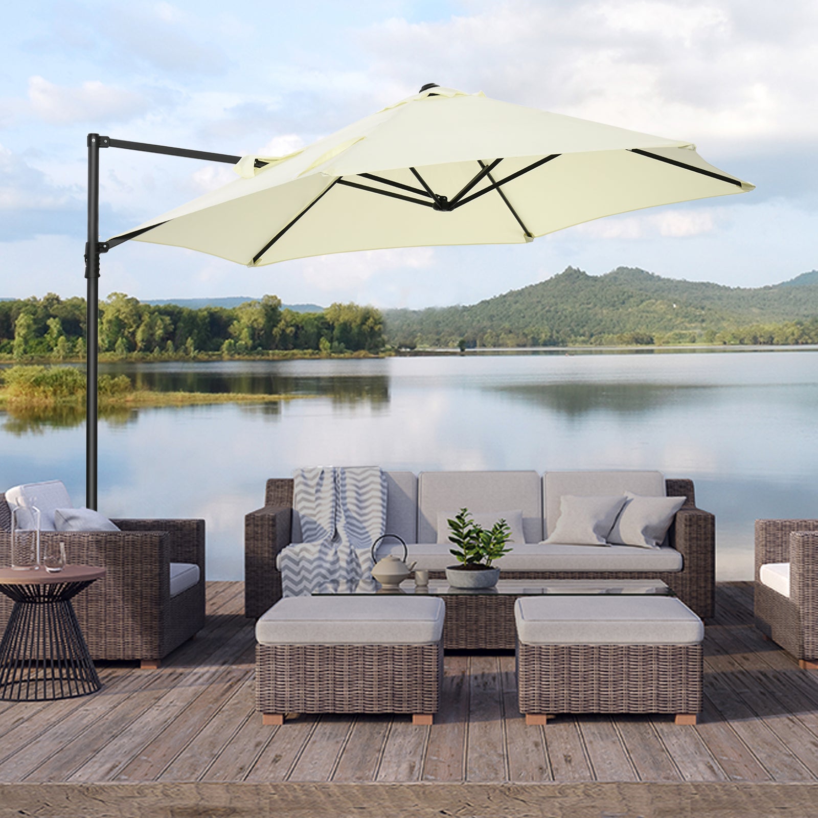 2.5M Garden Cantilever Parasol, Offset Roma Patio Umbrella Hanging Sun Shade Canopy Shelter with 360° Rotation and Cross Base, Beige