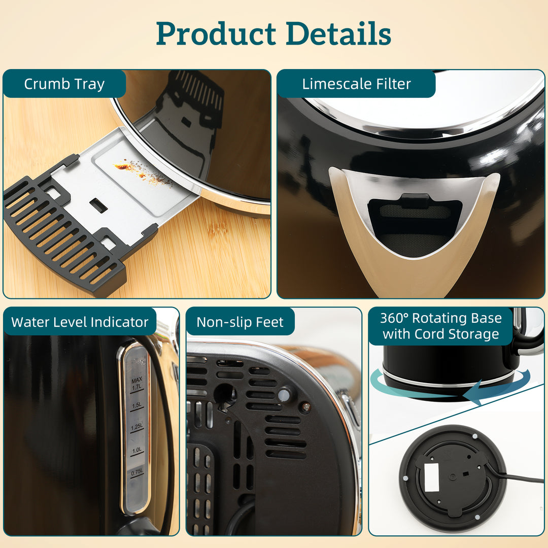 MCL Polished Retro 40-100°C Kettle and Toaster Set - Black