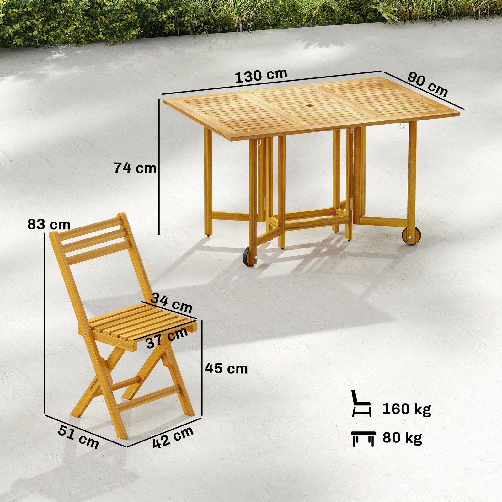 7 Pieces Garden Dining Set, Extending Dining Table and 6 Folding Chair