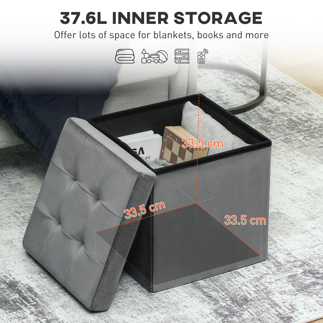 Foldable Velvet-Feel Storage Ottoman - Grey
