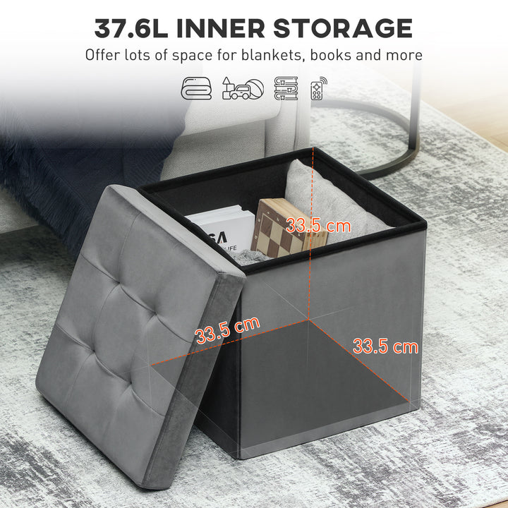 Foldable Velvet-Feel Storage Ottoman - Grey