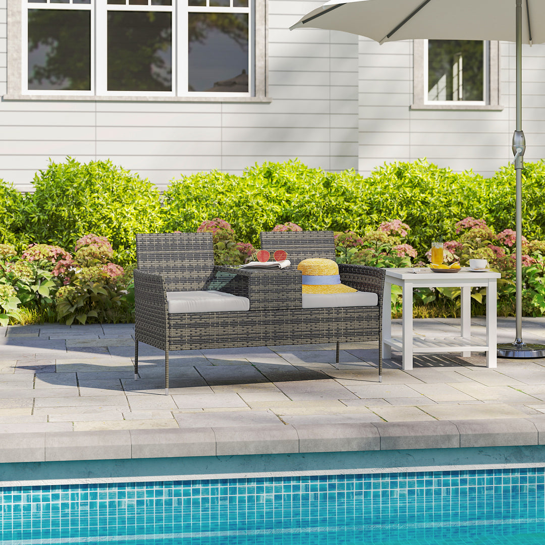 Two-Seat Rattan Chair, with Middle Table - Charcoal Grey