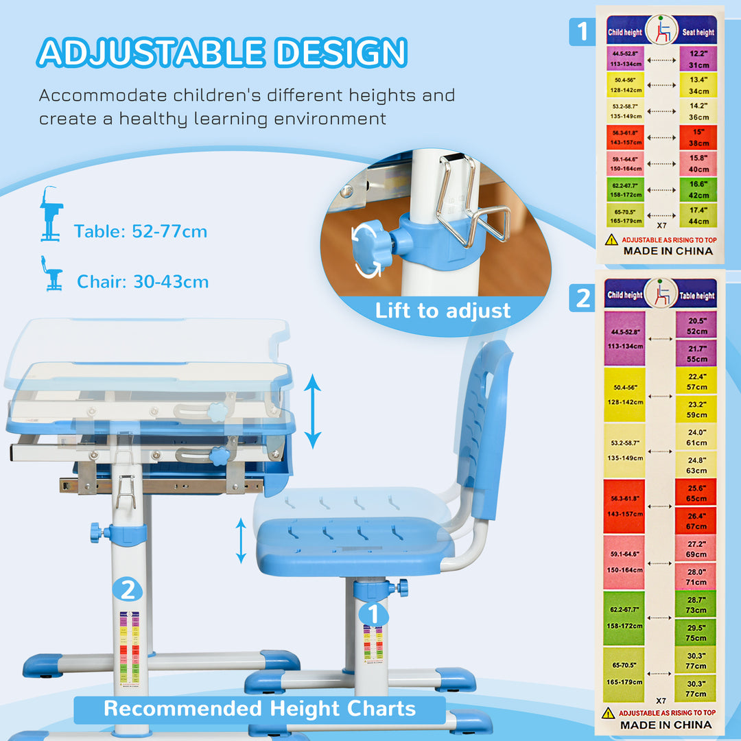 Kids Desk and Chair Set, Height Adjustable Student Writing Desk, Children School Study Table with Tiltable Desktop, Drawer, Pen Slot, Hook - Blue