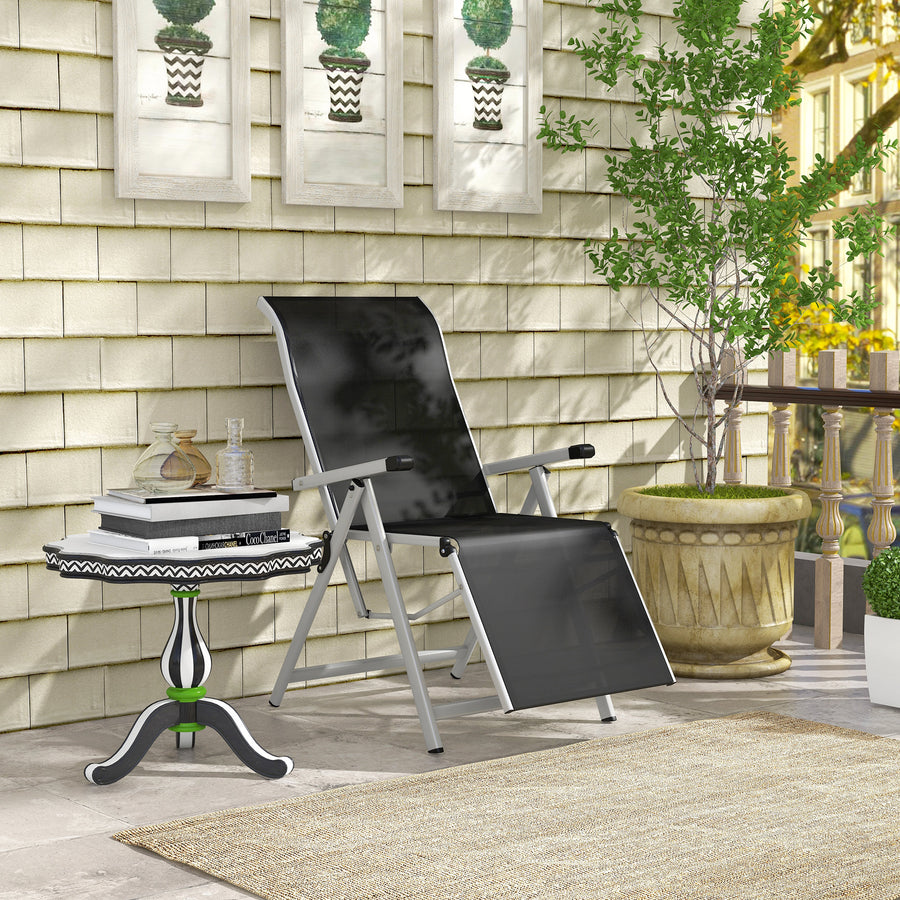 Outdoor Sun Lounger 10-Position Adjustable Texteline Folding Reclining Chairs with Footrest for Patio Garden, Black