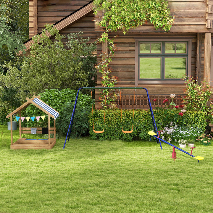 House-Designed Wooden Sandbox, Outdoor Sandpit, with Blackboard, Toys, Sink, Seats, Flags, for Ages 3-7 Years - Brown