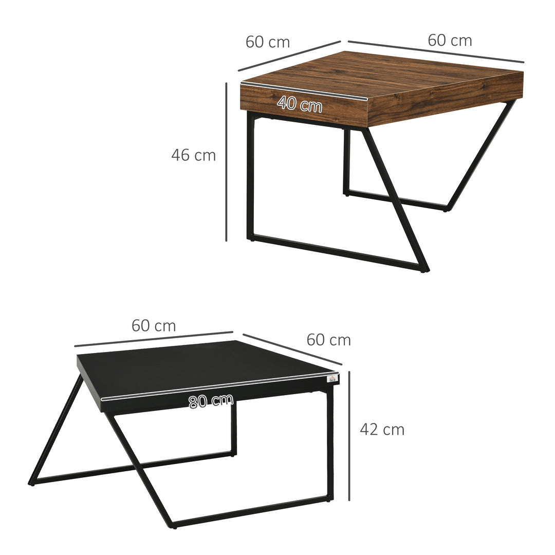 Coffee Table Set of 2, Industrial Nesting Table with Steel Frame and 8cm Thick Tabletop, Sofa Side End Table for Living Room, Rustic Brown