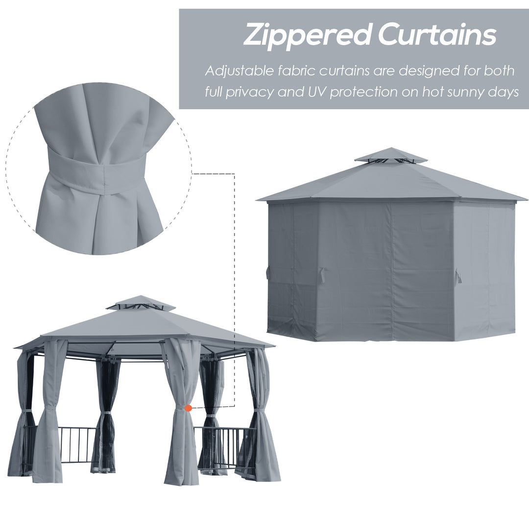 MCL 3 x 3(m) Hexagon Gazebo Patio Canopy Party Tent Outdoor Garden Shelter w/ 2 Tier Roof & Side Panel - Grey