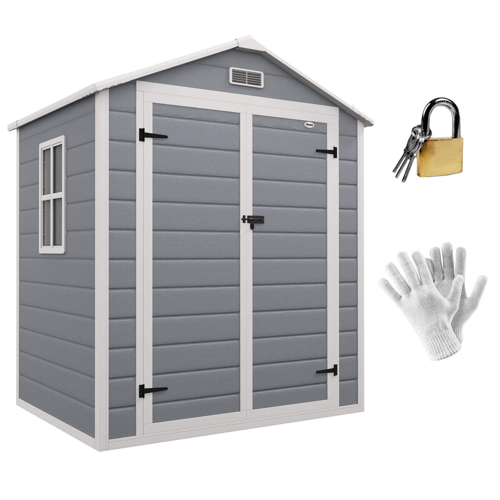 6'x4.5' Garden Storage Shed, Lockable Garden Shed with Double Doors, Window, Vent and Plastic Roof, Grey