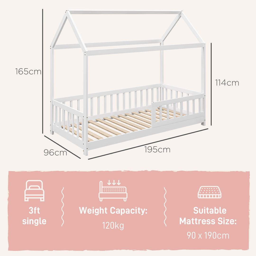 House-Shaped Kids Bed Frame with Guard Rails, Solid Pine Wood Single B