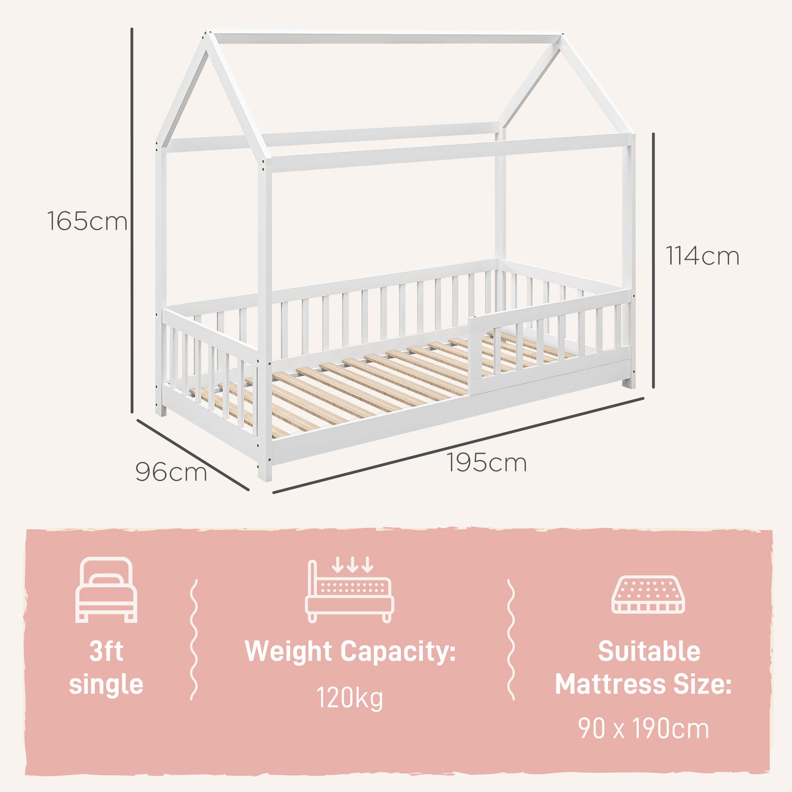 House-Shaped Kids Bed Frame with Guard Rails, Solid Pine Wood Single B