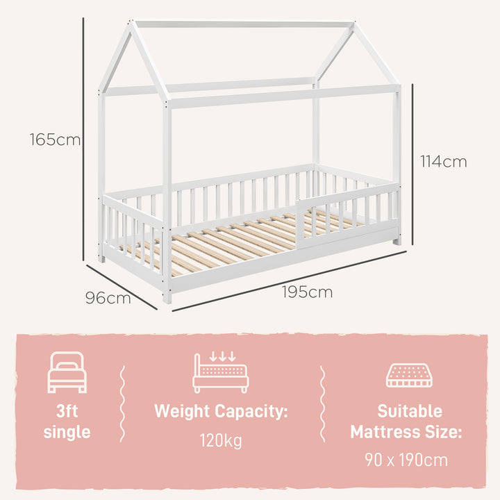 House-Shaped Kids Bed Frame with Guard Rails, Solid Pine Wood Single B