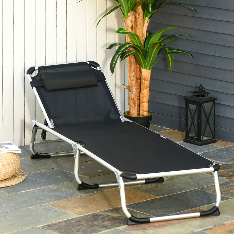 Foldable Outdoor Sun Lounger, Reclining Lounge Chair Camping Bed Cot with Pillow 4-Level Adjustable Back Aluminium Frame, Black