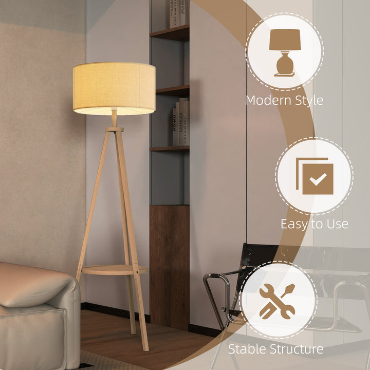 Bedside Light, Tripod Floor Lamp with Storage Shelf and Linen Shade fo