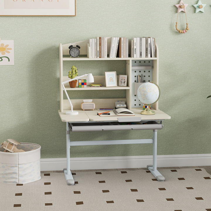 Kids Desk Height Adjustable with Tilt-Desktop, Hutch, Drawer, Storage Shelf, Pegboard, for 3-12 Years Old