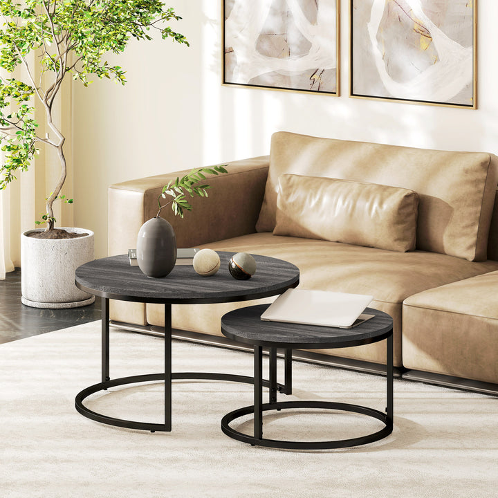 Set of Two Marble-Effect Stacking Tables - Black