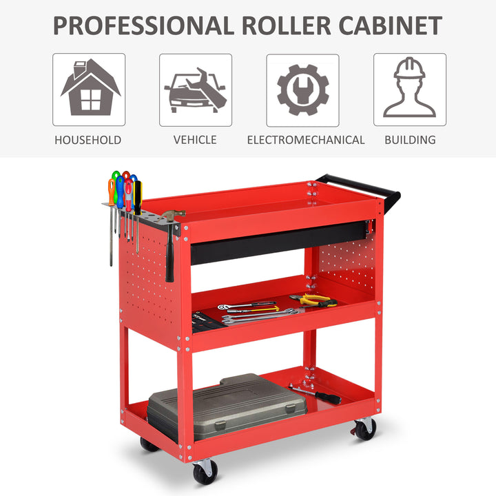 DURHAND 3-Tier Tool Trolley Cart Storage Shelf Roller Cabinet DIY Box Garage Workshop with Drawer Red | Aosom UK