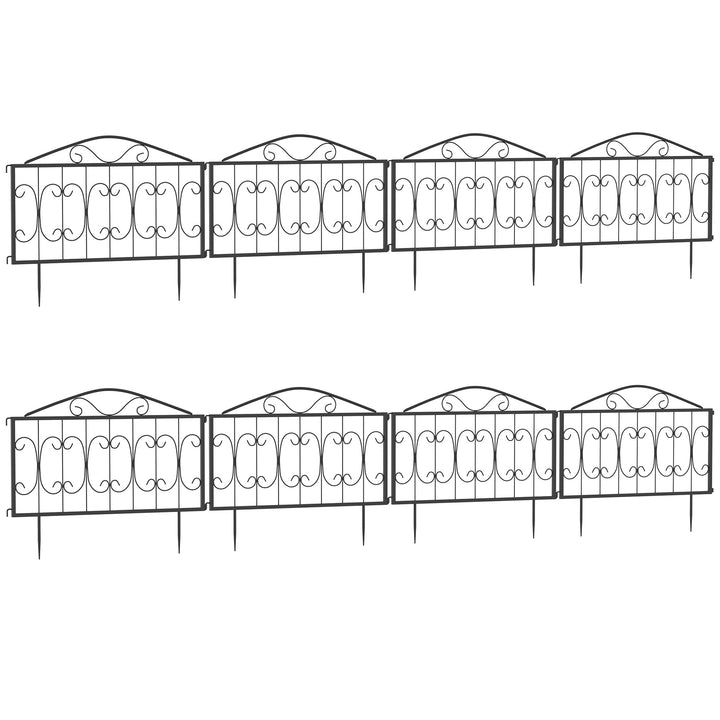 Outsunny Decorative Garden Fencing, 8PCs Outdoor Picket Fence Panels, Rustproof Metal Wire Landscape Flower Bed Border Edging Animal Barrier, Black