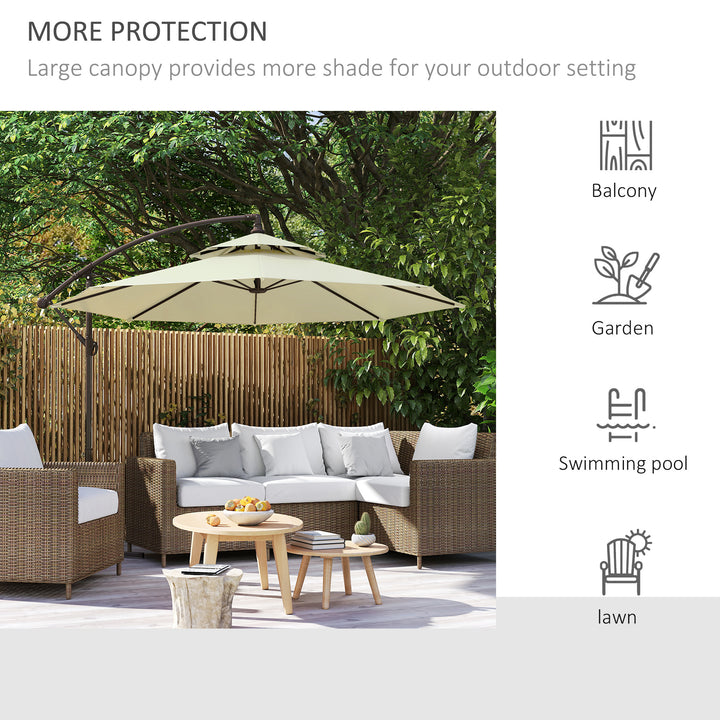 2.7m Garden Banana Parasol Cantilever Umbrella with Crank Handle, Double Tier Canopy and Cross Base for Outdoor, Hanging Sun Shade, Beige