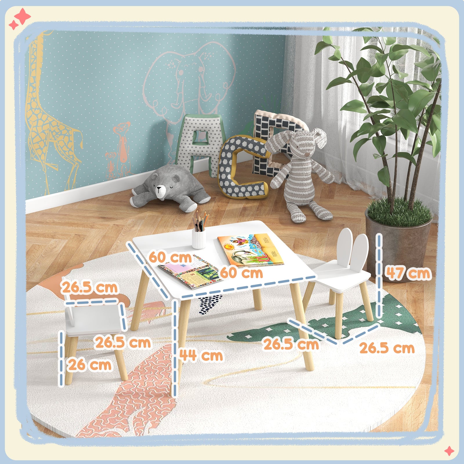 3 Pcs Toddler Table and Chair Set, Kids Desk and 2 Chairs Set w/ Bunny