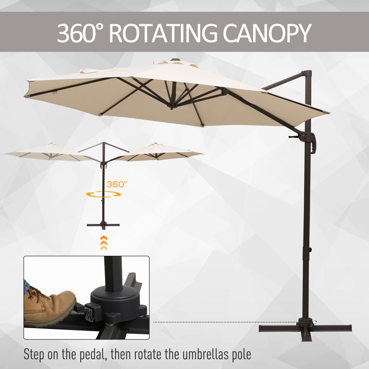 Outsunny Banana Parasol 3M Cantilever Umbrella with Cross Base, Aluminium Frame, 360° Rotation, Hand Crank, Beige | Aosom UK