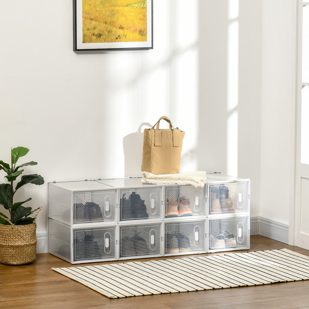 8PCS Clear Shoe Box, Plastic Stackable Shoe Storage Box for UK/EU Size up to 12/46 with Magnetic Door for Women/Men, 28 x 36 x 21 cm