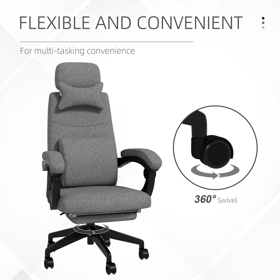 Linen-Look Office Chair, with 160° Reclining Back and Footrest - Grey