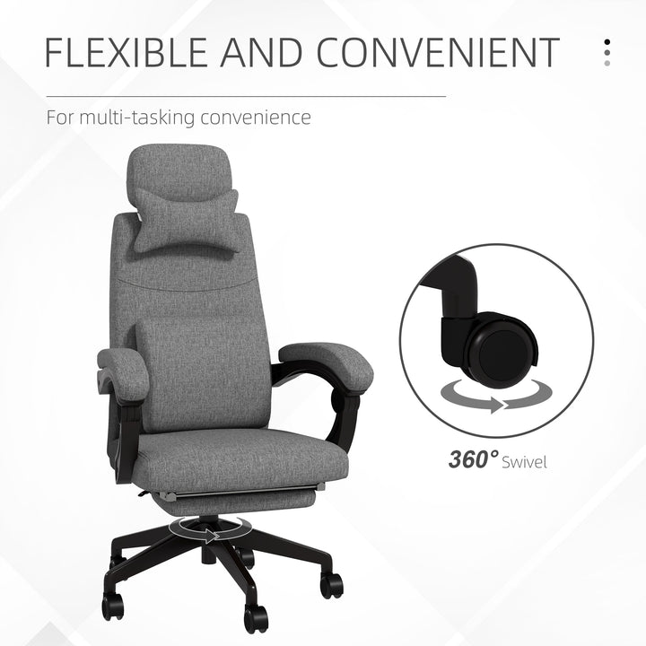 Linen-Look Office Chair, with 160° Reclining Back and Footrest - Grey
