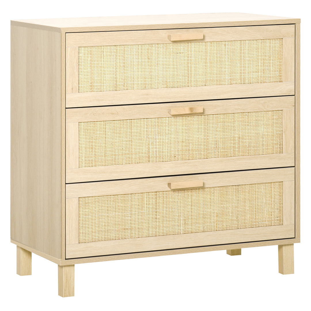 Rattan Bedroom Chest of Drawers, 3 Drawers Storage Unit, Boho Dresser for Living Room, Hallway, Natural