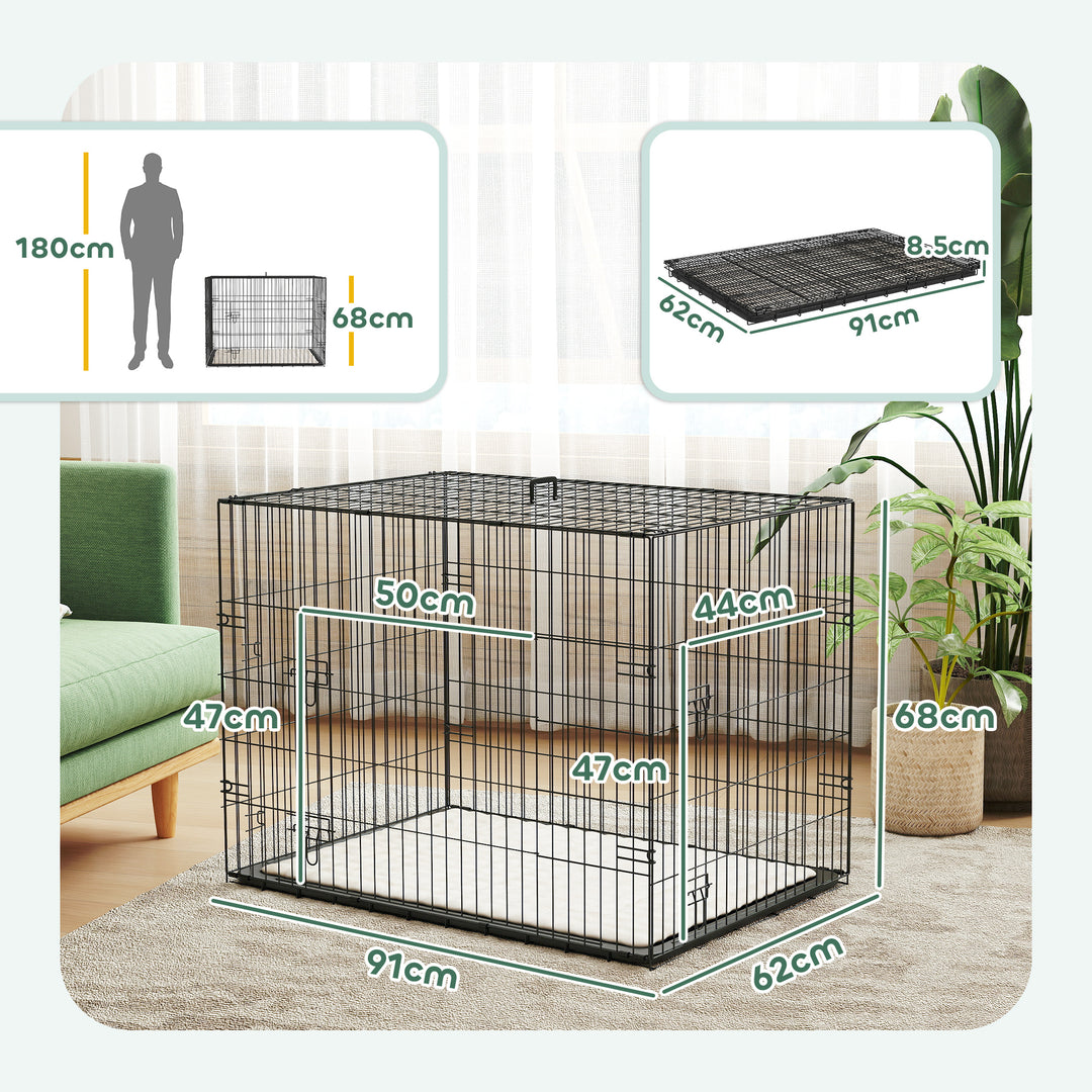Foldable Dog Crate with 2 Doors with Tray, Soft Cushion, for Large Medium Dogs, 91 x 62 x 68, Black