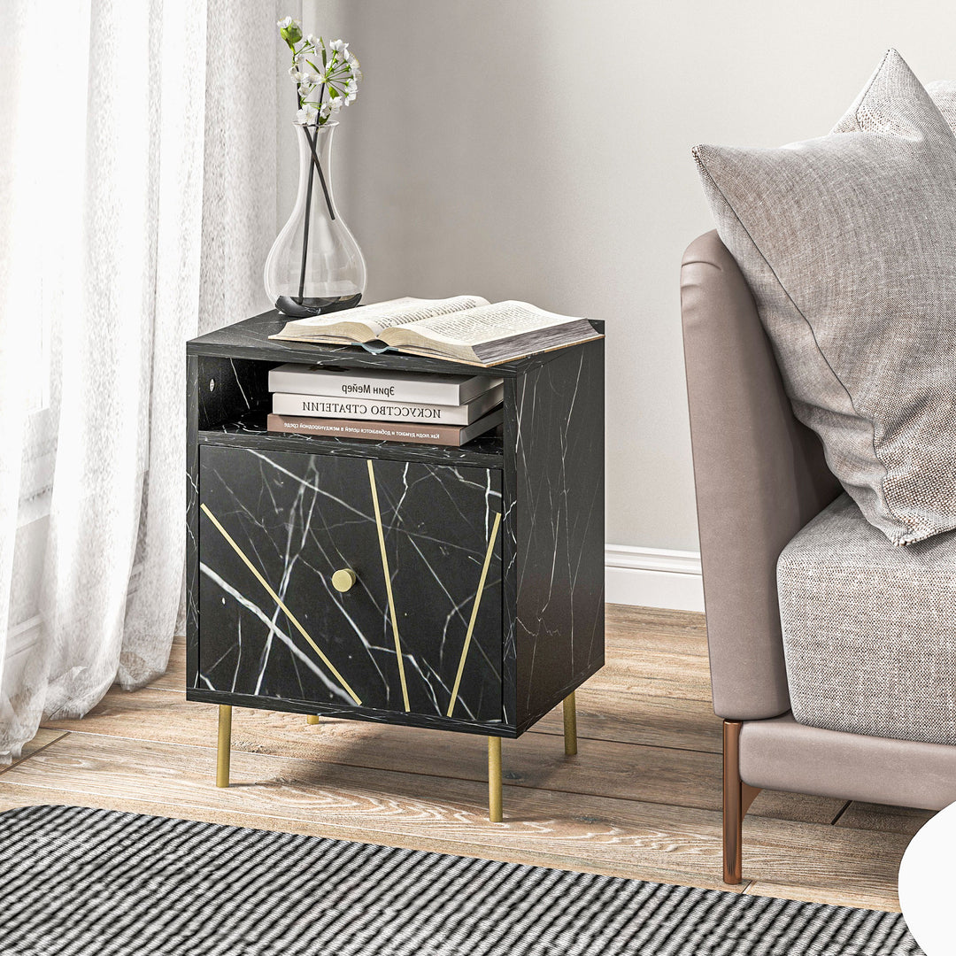Elegant Bedside with Storage - Black/Gold Tone