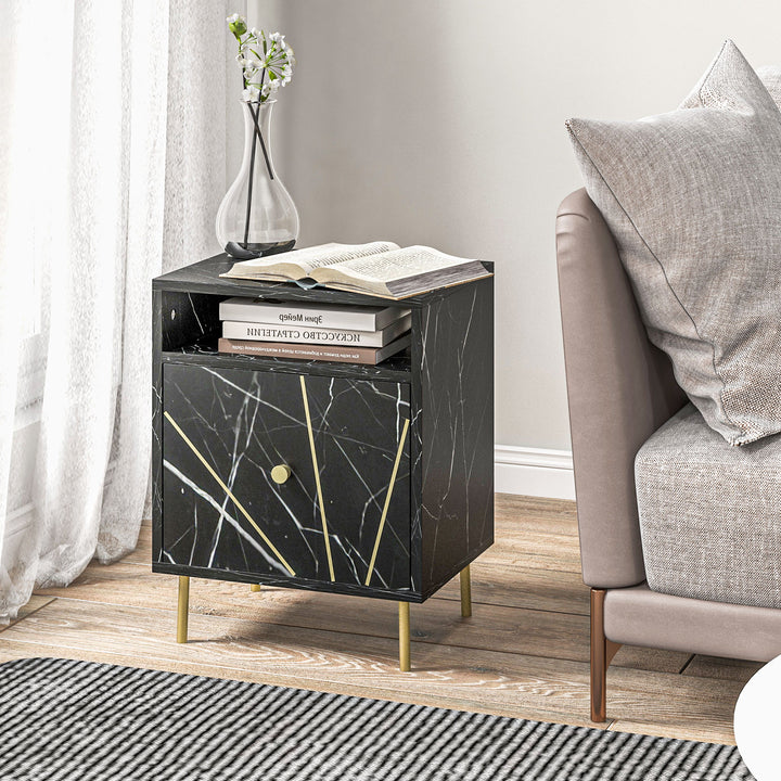 Elegant Bedside with Storage - Black/Gold Tone