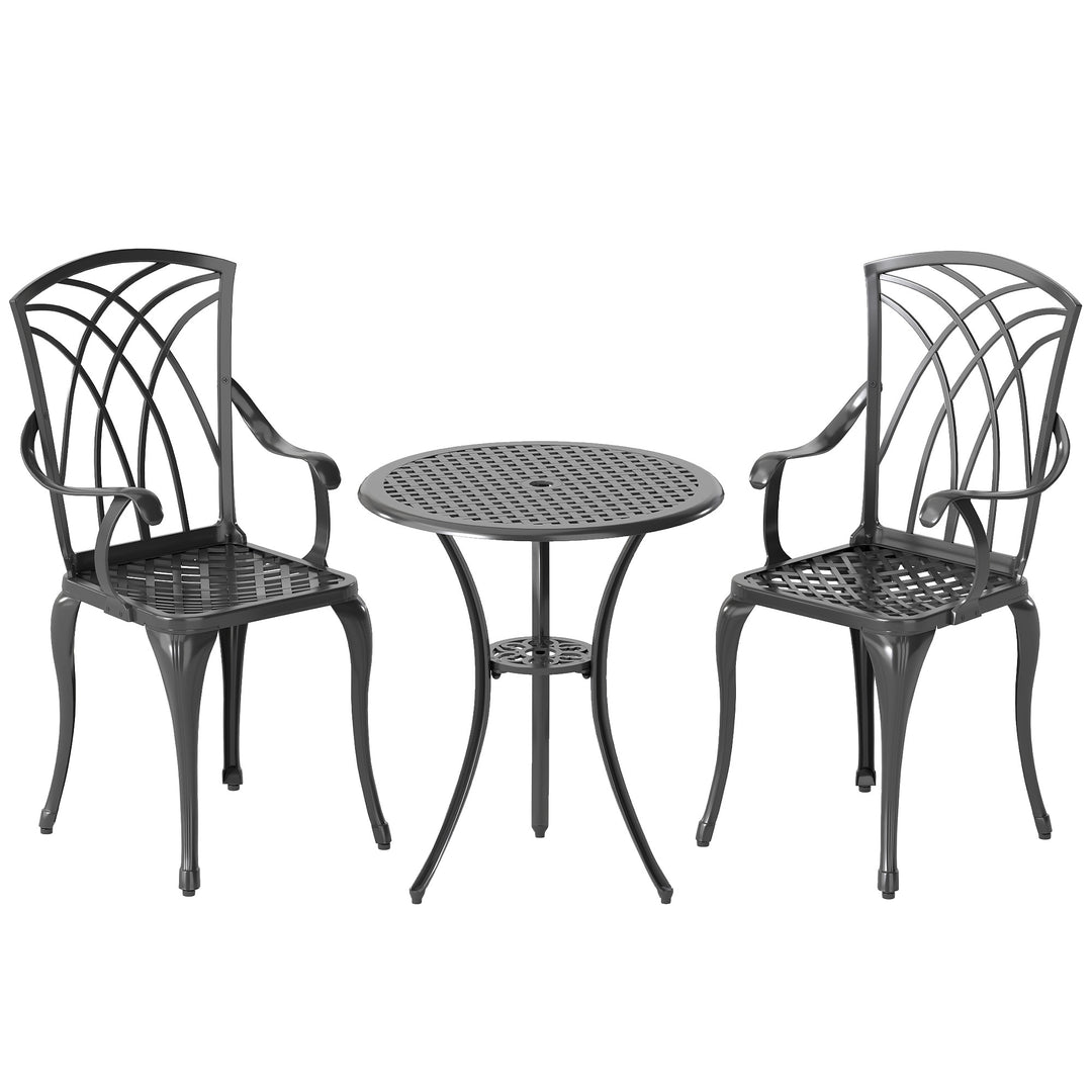 MCL 3 Pieces Garden Dining Set for 2, Cast Aluminium Outdoor Dining Set with 2 Armchairs and Round Dining Table with Parasol Hole, Garden Furniture Set, Brown