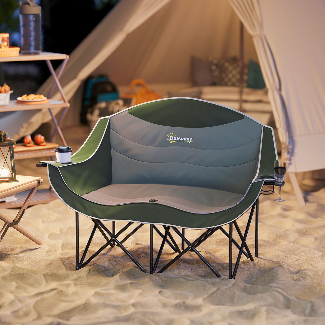 Double Camping Chair for Adults, Oversized Heavy Duty Padded Folding Chair with Armrests, Cup Holders and Carry Bag for Outdoor Camping Hiking Picnic Fishing, 250kg Capacity, Green