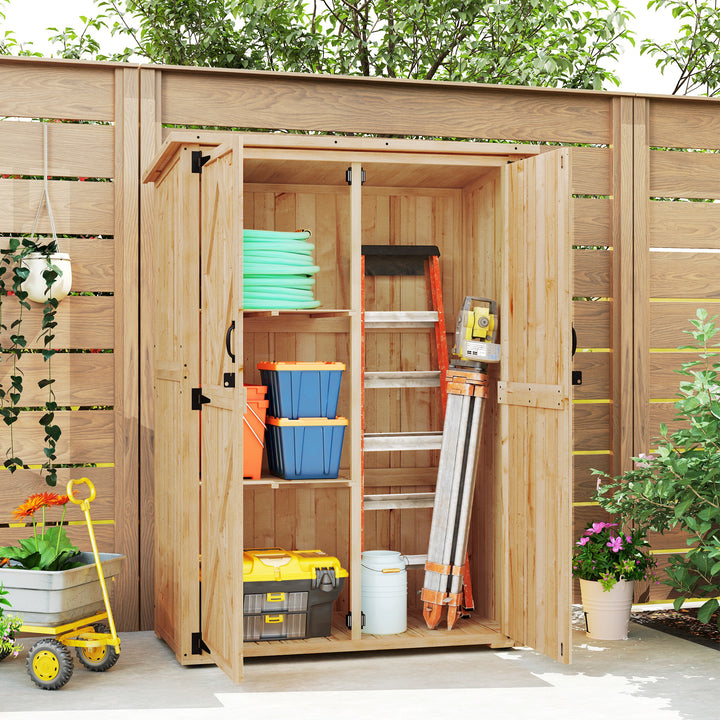 Outsunny Wooden Garden Storage Shed, Tool Storage Cabinet with Asphalt Roof and 2 Shelves for Garden Tools, Equipment, Outdoor Tool Shed with Double Doors, Natural