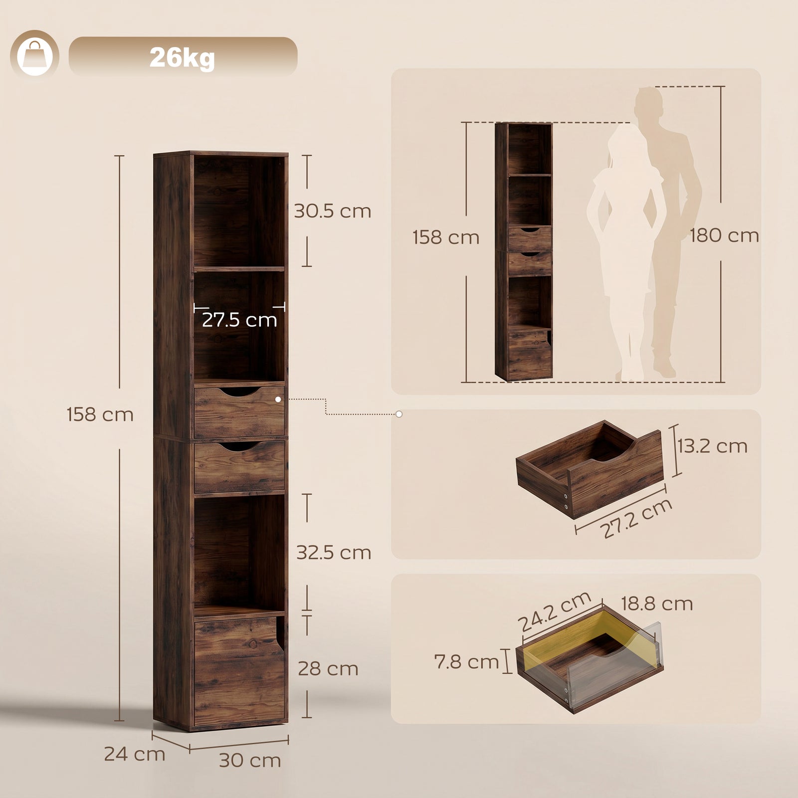 Bookcase with Drawers Adjustable Shelf Bookshelf with 2 Drawers and Ca