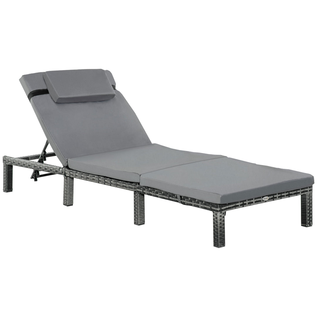 Rattan Sun Lounger, 5-Level Adjustable Garden Lounger Recliner with Cushion and Headrest, Outdoor Reclining Sunbed, Steel Frame Garden Chair for Patio, Beach, Terrace, Dark Grey